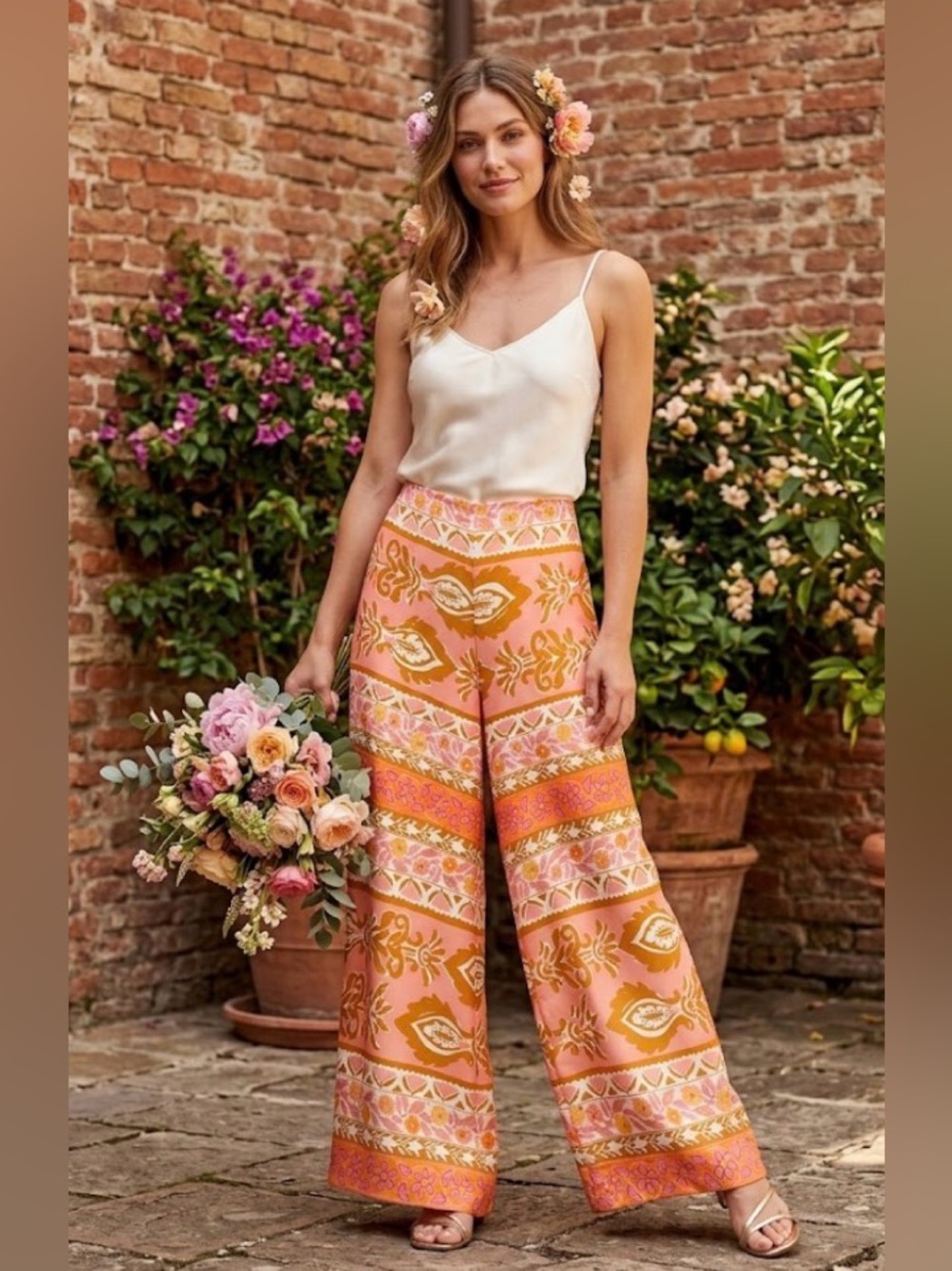 Alex Marie Rae Coordinating-Twill Patterned Wide Leg, Palazzo Pants